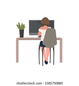 businesswoman sitting at workplace rear view business woman office worker using laptop full length vector illustration