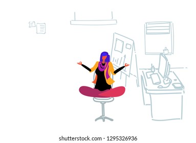 Businesswoman Sitting Yoga Lotus Pose Relaxing Meditation Concept Business Woman Doing Exercises Workplace Office Interior Flat Doodle Horizontal