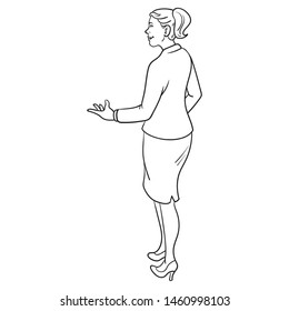 Businesswoman in a skirt and high heels is talking to someone. Back, character, 