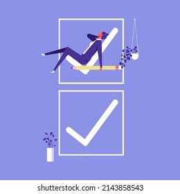 Businesswoman sleep on checkmark after successfully complete business assignments, successful work planning, Successful completion of business tasks concept