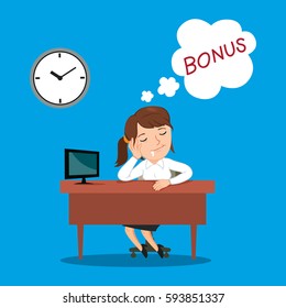 Businesswoman sleeping and dreaming about bonus money at working place, vector illustration cartoon