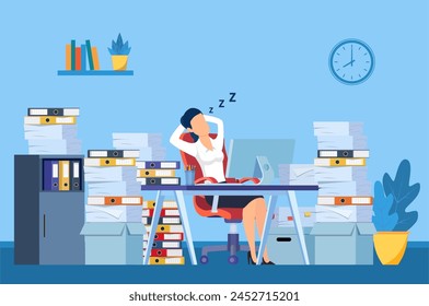 Businesswoman is sleeping at his workplace desk during working hours with the piles of paper document around. Procrastinating and wasting time concept. Vector illustration in flat style