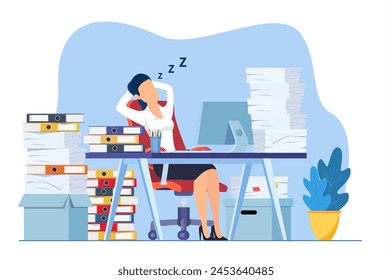 Businesswoman is sleeping at his workplace desk during working hours with the piles of paper document around. Procrastinating and wasting time concept. Vector illustration in flat style