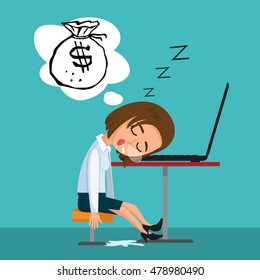 Businesswoman sleeping on her laptop in workplace dreaming about money, vector illustration cartoon