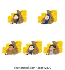businesswoman sleeping on money different race set