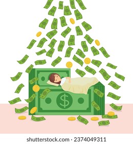 Businesswoman sleeping on pack of cash or money while Money cash flying down, illustration, vector, cartoon, EPS 10.  