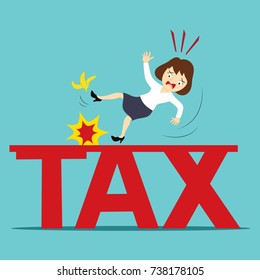 Businesswoman slippery on a tax sign, illustration vector cartoon
