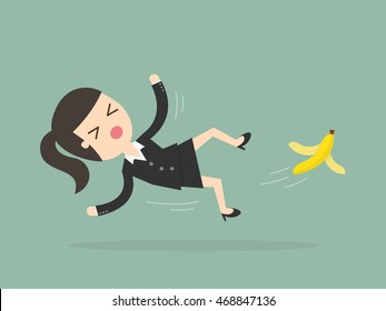 Businesswoman slipping on a banana peel. Business concept illustration.