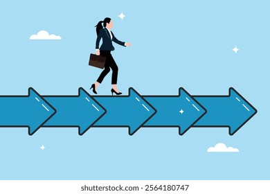 Businesswoman slowly moving forward along the arrow in a balanced manner. Maintaining continuity of growth. Reliability or stability for advancement in career development.Balance or steady step.