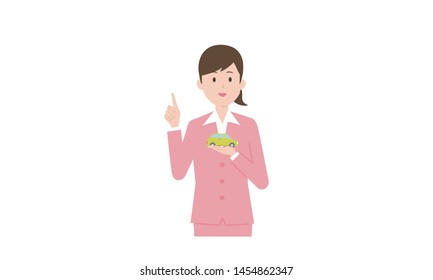 businesswoman with a small car, smiling, vector illustration