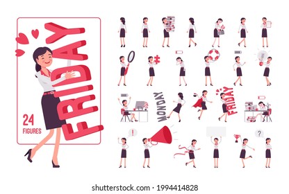 Businesswoman, smart female office worker character set, pose sequences. Manager, administrative person, corporate employee wear, business objects. Full length, different gestures, emotions, positions