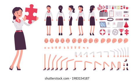 Businesswoman, smart office worker construction set. Manager, administrative person, corporate employee dress code and business objects. Cartoon flat style infographic illustration, different emotions