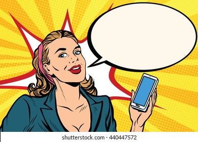 Businesswoman with smartphone in hand pop art retro vector. Successful girl. Retro business people