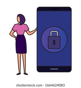 businesswoman and smartphone with padlock vector illustration design