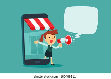 Businesswoman in smartphone screen with online store talking in megaphone. Online shopping advertisement business concept.