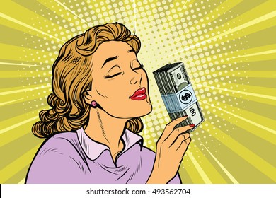 businesswoman smelling the scent of money, pop art retro vector illustration. Finance and business