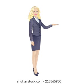 Businesswoman smile point finger to empty copy space, business woman showing pointing side, concept of advertisement product isolated over white background vector illustration