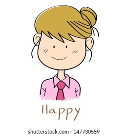 Businesswoman is smiles on white background with word "Happy"