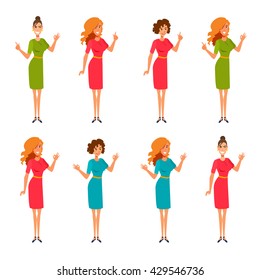 Businesswoman smiles and shows sign OK, all right, well done, good job, point a finger. Business lady stands in knee-length ladylike dress. Vector image isolated from white background.