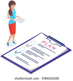 Una mujer de negocios sonríe y se pone de pie con documentos en sus manos y trabaja con el plan. La mujer trabaja y analiza datos. Lista de tareas completadas y datos con marcas de verificación. Portátil con objetivos, planes y administración