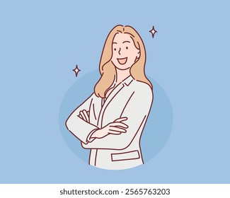 Businesswoman smiling gleefully, feeling happy, satisfied and relaxed, with crossed arms. Hand drawn style vector design illustrations.