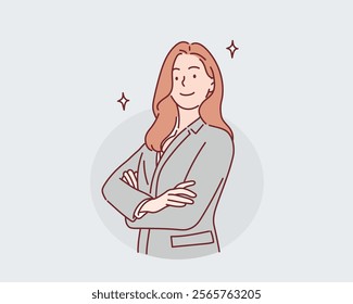 Businesswoman smiling gleefully, feeling happy, satisfied and relaxed, with crossed arms. Hand drawn style vector design illustrations.