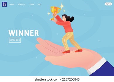 businesswoman smiling and holding a victory trophy cup. Happy young woman holding a golden trophy cup. Business winner concept. Success and achievement. Online course education. Vector graphics. 