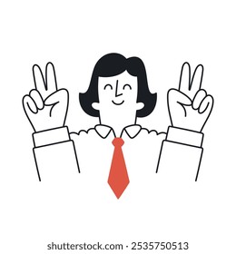 Businesswoman smiling with peace signs in both hands. Confident female leader making a double victory gesture. Professional in formal attire expressing positivity. Doodle illustration - editable