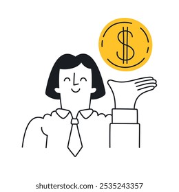 Businesswoman smiling while holding a dollar symbol. Female professional showcasing financial success. Confident woman presenting money concept. Doodle illustration - editable stroke.