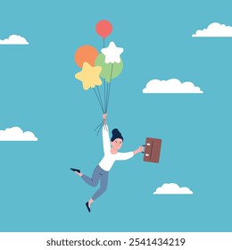 Businesswoman soars up on balloon. Female office characters flying up with suitcase, soaring in clouds. Dreaming, self development, success vector concept