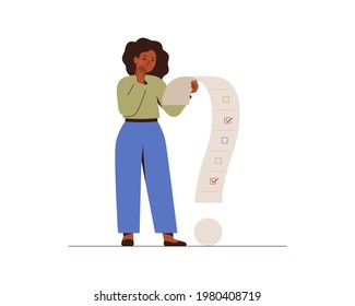 La mujer de negocios resuelve problemas difíciles. La empleada negra se encarga de tareas contradictorias en un proyecto. La chica mantiene una lista en forma de signo de interrogación. Concepto adecuado de gestión del tiempo. Vector