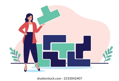 Businesswoman solving problem and puzzle - Woman person standing holding piece working on logic and creating layers of complex business strategy. Flat design vector illustration with white background