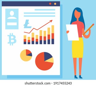 Businesswoman speaker giving presentation of what is blockchain technology using visual aids. Business conference meeting concept, woman standing near poster with cryptocurrencies financial analytics