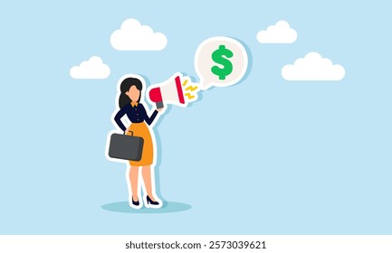 A businesswoman speaking loudly with a megaphone, creating a dialogue labeled with a dollar sign, illustration of promotion, education, or awareness about proper business financial management