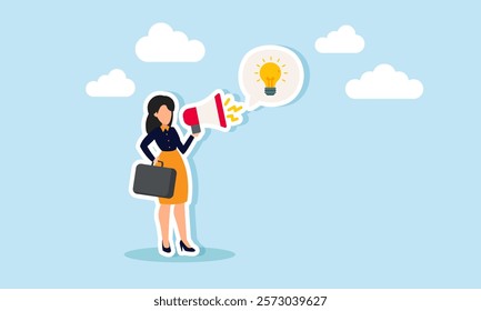 A businesswoman speaking loudly with a megaphone, creating a dialogue labeled with a light bulb, illustration of promotion, education, or awareness about the importance of business innovation