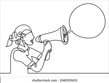 Businesswoman speaking with megaphone, announcement, warning, note, notification, promotion, advertisement, communication concept- continuous line drawing