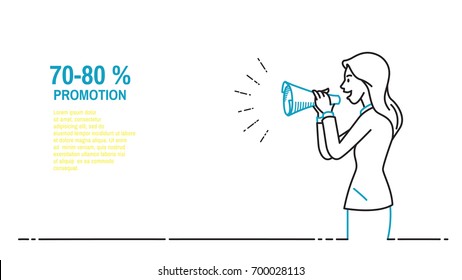 Businesswoman speaking with paper megaphone, announcement, warning, note, notification, promotion, advertisement, communication concept. Outline, thin line art, hand drawn sketch design, simple style.