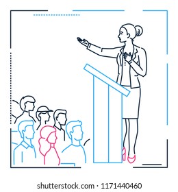 Businesswoman speaking from a platform - line design style illustration on white background. Metaphorical image of a woman, girl. female giving an inspiring speech before the audience