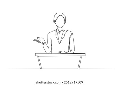 Businesswoman speaking at the podium continuous one line drawing. Politician, motivator speaking single line art illustration. Editable vector.  