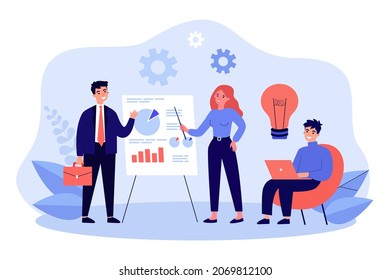 Businesswoman speaking, presenting graphs on board presentation. Group of business people training flat vector illustration. Education, lecture concept for banner, website design or landing web page