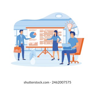 Businesswoman speaking, presenting graphs on board presentation. Group of business people training. flat vector modern illustration 