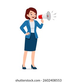 Businesswoman Speaking Through Megaphone Making Announcement With a Smile Expression