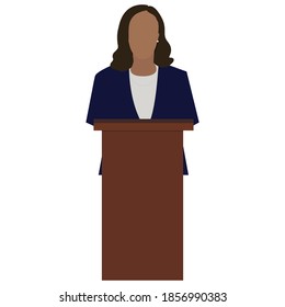 Businesswoman  speaks to people from tribune. Flat tribune Icon web. Business debates. Vector illustration