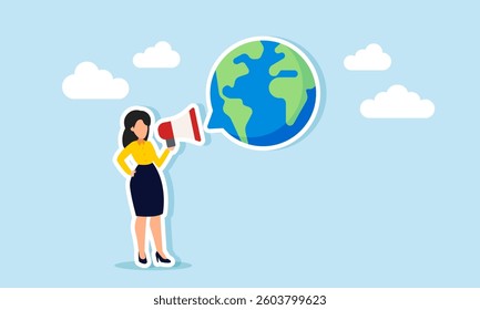 A businesswoman speaks through a megaphone, generating a globe-shaped chat dialogue, illustration of education and socialization on the importance of mastering the global market
