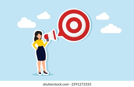 A businesswoman speaks using a megaphone, creating a dialogue in the shape of a target board, illustration of business target promotion and education for the team