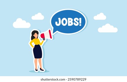 A businesswoman speaks using a megaphone with a dialogue bubble saying JOBS, illustration of advertising or promoting an open job or job vacancy