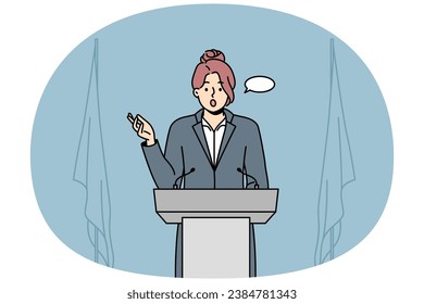 Businesswoman with speech bubble above head speak at conference. Female employee in formalwear make presentation at business meeting or seminar. Vector illustration.