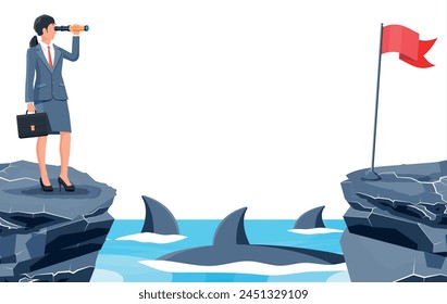 Businesswoman with spyglass on tiny island in sea and surrounded by sharks. Obstacle on work, financial crisis. Risk management. Success, achievement, vision career goal. Flat vector illustration