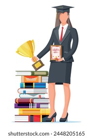 Mujer de negocios y pila de libros. Mujer de negocios con trofeo y diploma. Educación y estudio. Éxito empresarial, triunfo, meta o logro. Ganadora de la competición. estilo plano de Ilustración vectorial