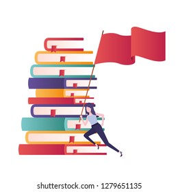 businesswoman with stack of books and flag